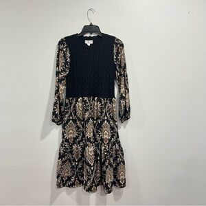 Signature By Robbie Bee Black and Tan Knitted Chest Long Sleeves Patterned Dress